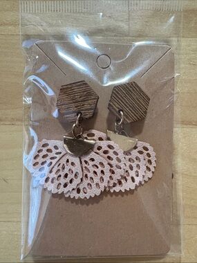 Women’s Pink Lace Fan Drop Earrings with Wood Accents